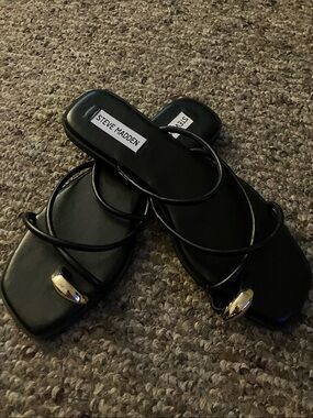 Steve Madden Black Strappy Slide Sandals with Gold Toe Accent